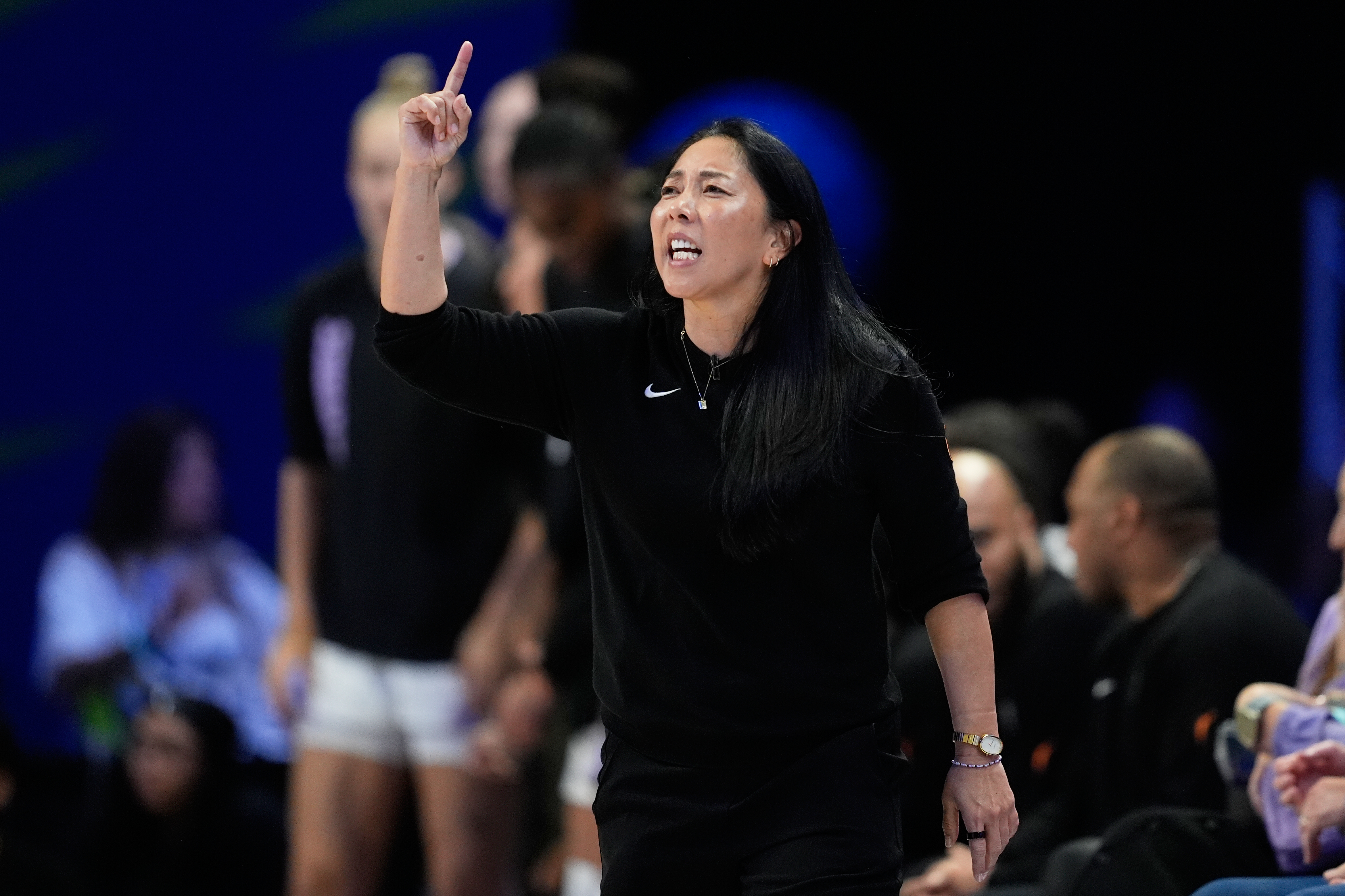 Golden State Valkyries head coach Natalie Nakase instructs her team during the second half of a WNBA basketball first-round playoff game against the Dallas Wings Wednesday Sept. 30, 2026, in Arlington, Texas. 