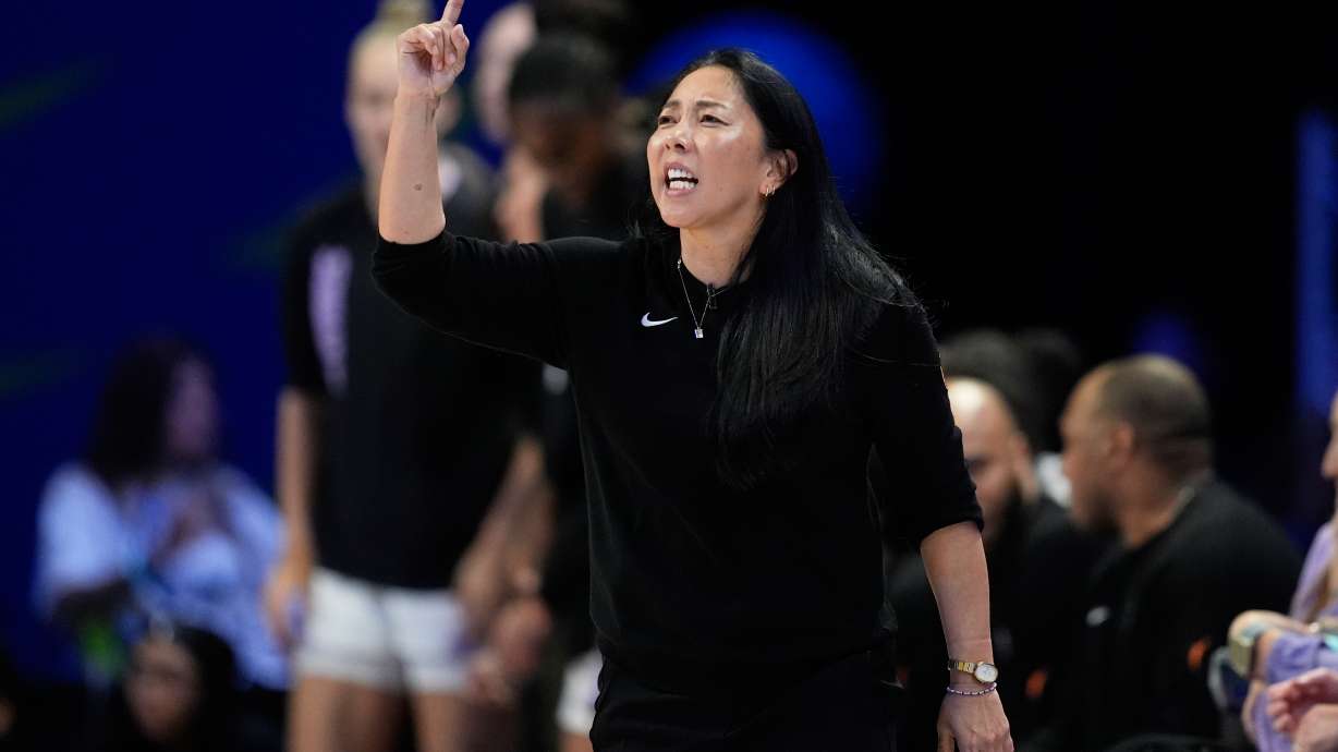 Golden State Valkyries head coach Natalie Nakase instructs her team during the second half of a WNBA basketball first-round playoff game against the Dallas Wings Wednesday Sept. 30, 2026, in Arlington, Texas.