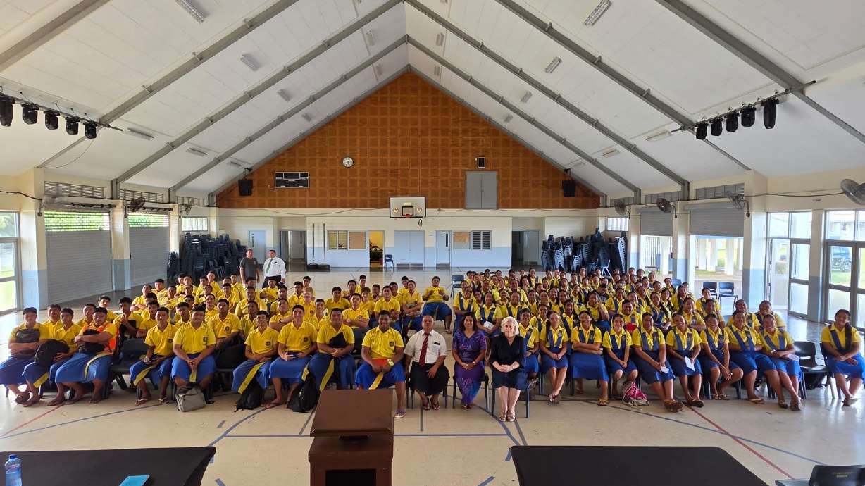 Church College of Pesega students welcome Tamara Vaifanua to their campus in Samoa. Vaifanua was invited through the U.S. Department of State's Speaker Program to spend the week meeting with journalists and training journalism students at the National University of Samoa.