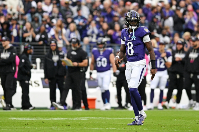 Oct 4, 2026; Baltimore, Maryland, USA;  Baltimore Ravens quarterback Lamar Jackson (8) looks on after a play during the first quarter against the Tennessee Titans at M&amp;T Bank Stadium.
