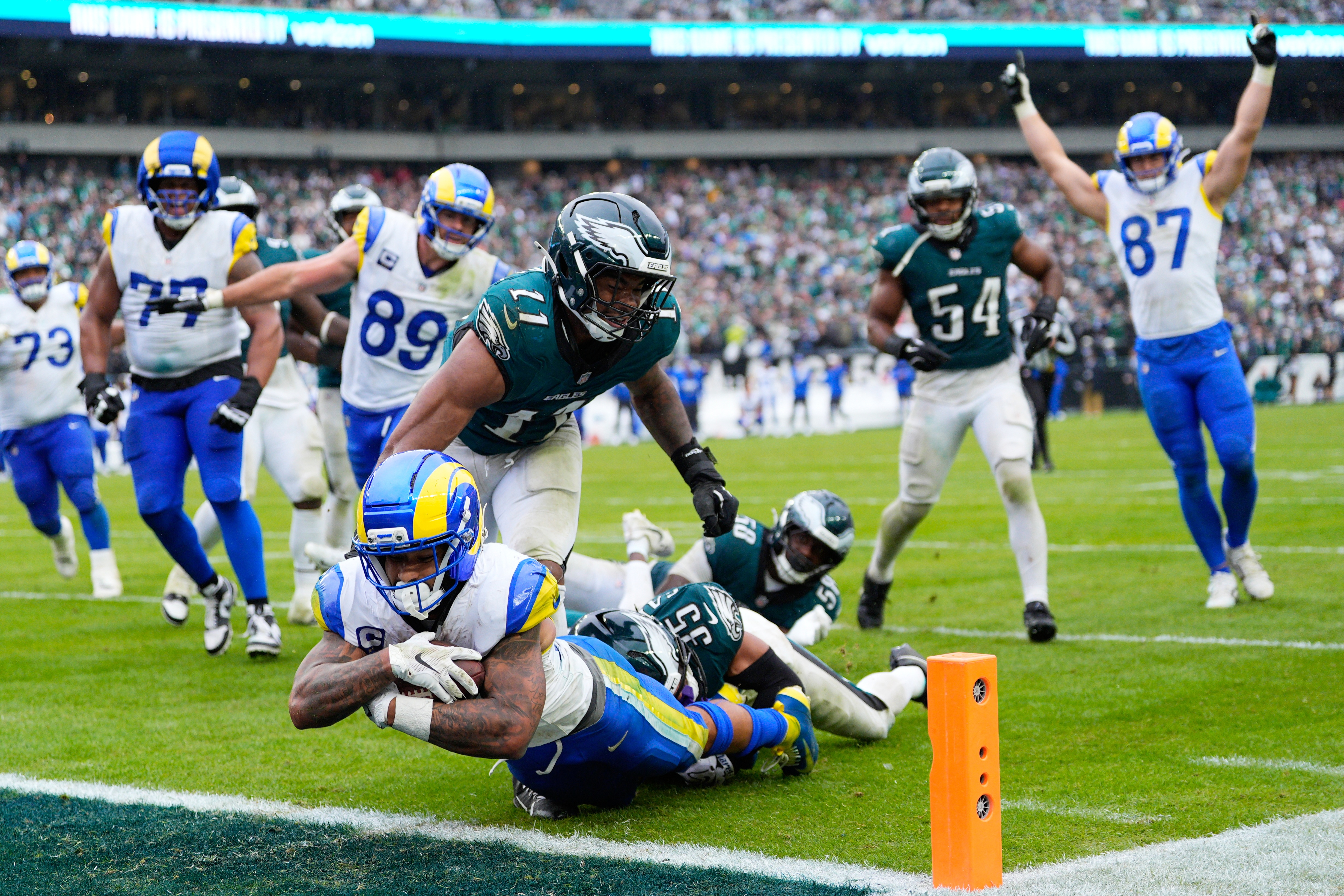 Los Angeles Rams running back Kyren Williams (23) scores a touchdown during the second half of an NFL football game against the Philadelphia Eagles in Philadelphia, Sunday, Oct. 4, 2026. 