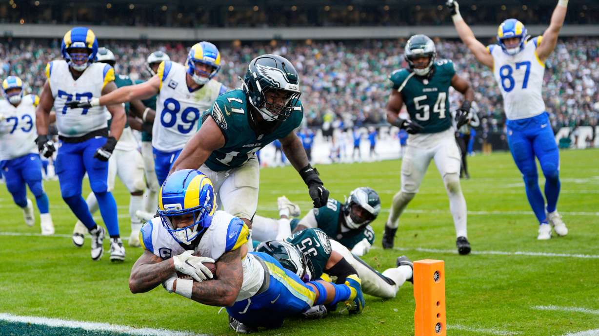 Los Angeles Rams running back Kyren Williams (23) scores a touchdown during the second half of an NFL football game against the Philadelphia Eagles in Philadelphia, Sunday, Oct. 4, 2026.