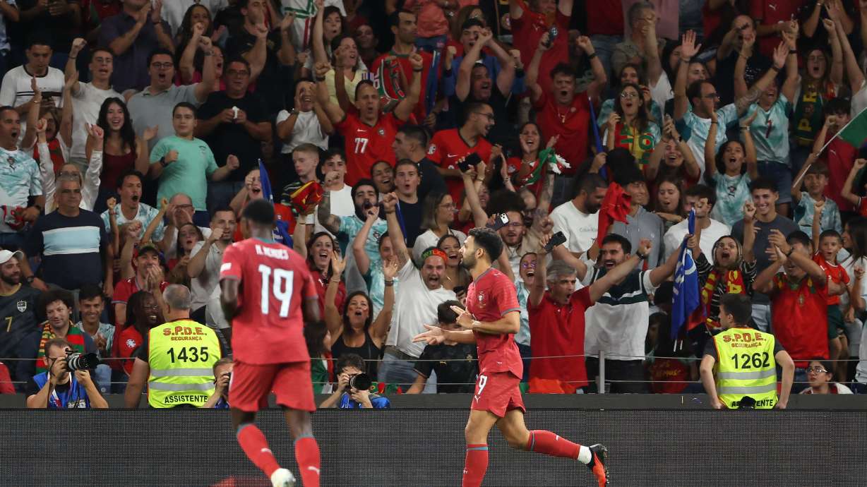 Portugal's Goncalo Ramos celebrates after scoring his side's second goal during the Nations League soccer match between Portugal and Norway in Porto, Portugal, Sunday, Oct. 4, 2026.