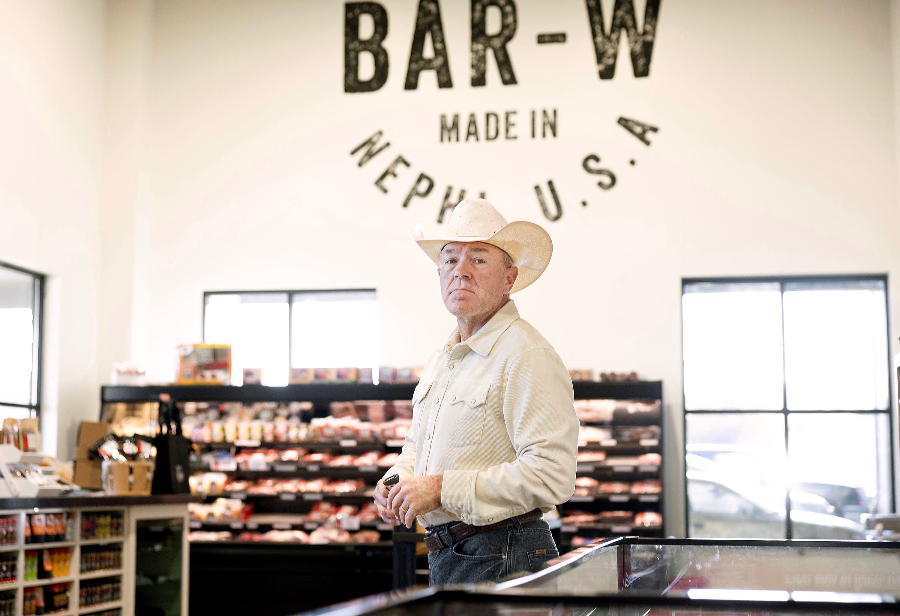Korey Wright stands in the Bar-W Beef retail store in Nephi on Sept. 23.