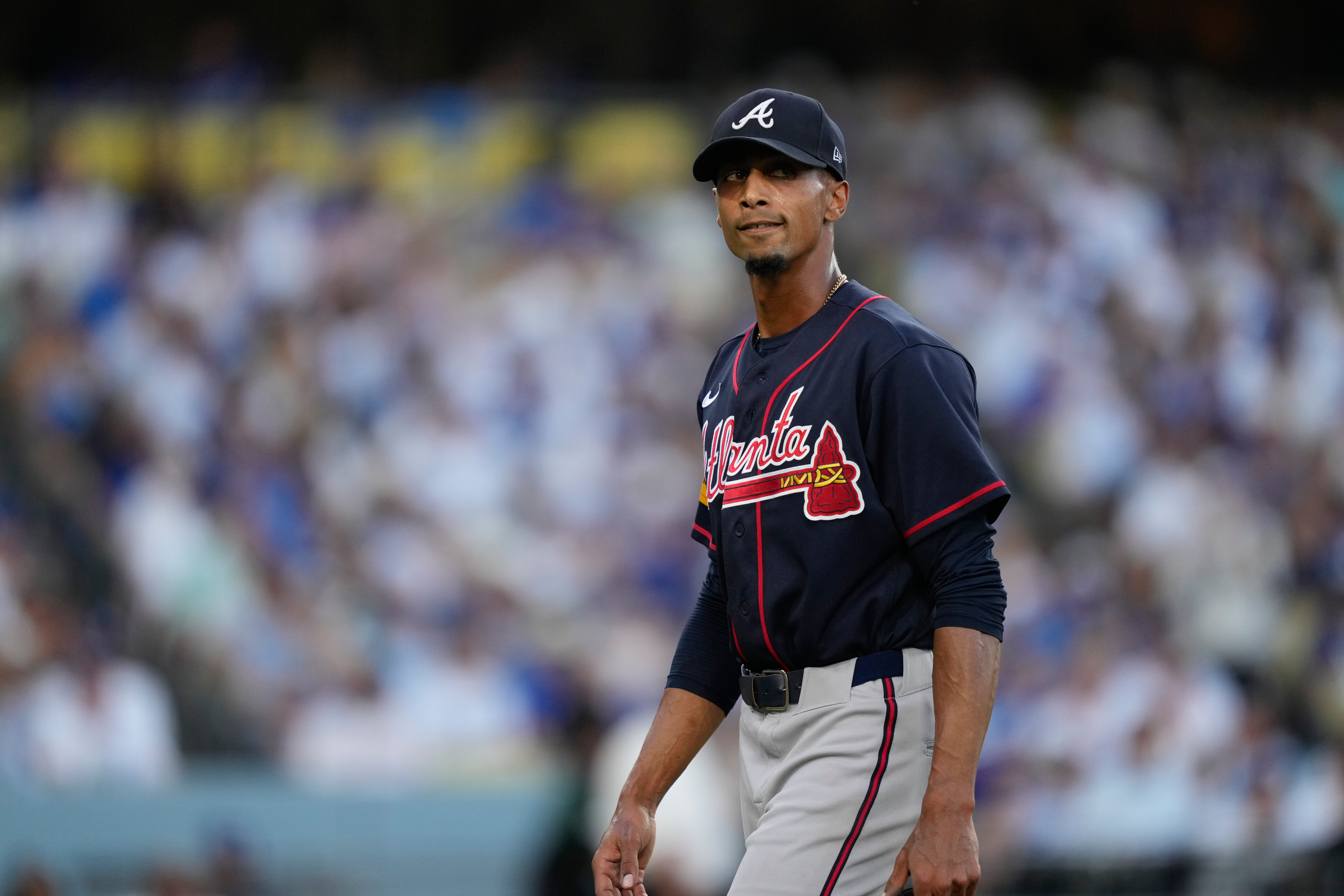 Atlanta Braves starting pitcher Ray Kerr exits during the third inning of Game 2 of a National League Division Series baseball game against the Los Angeles Dodgers Sunday, Oct. 4, 2026, in Los Angeles. 