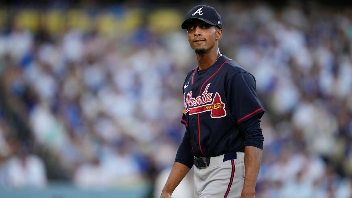 Atlanta Braves starting pitcher Ray Kerr exits during the third inning of Game 2 of a National League Division Series baseball game against the Los Angeles Dodgers Sunday, Oct. 4, 2026, in Los Angeles.