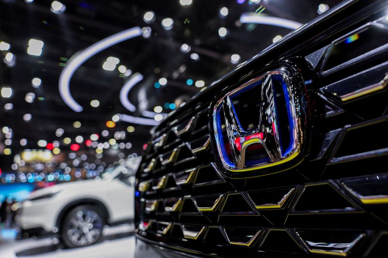 The Honda logo is displayed, at the 46th Bangkok International Motor Show in Bangkok, Thailand, March 24, 2025.