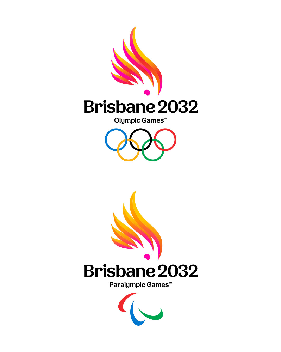 This image provided by the Brisbane 2032 Olympic and Paralympic Games Organising Committee shows the emblems for the Olympic and Paralympic 2032 games. 