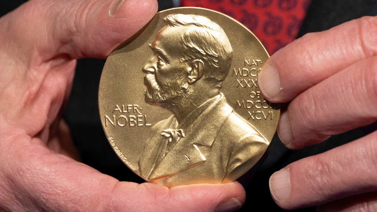 A close-up view of a Nobel Prize medal at the National Institutes of Health (NIH) in Bethesda, Md., Dec. 8, 2020.