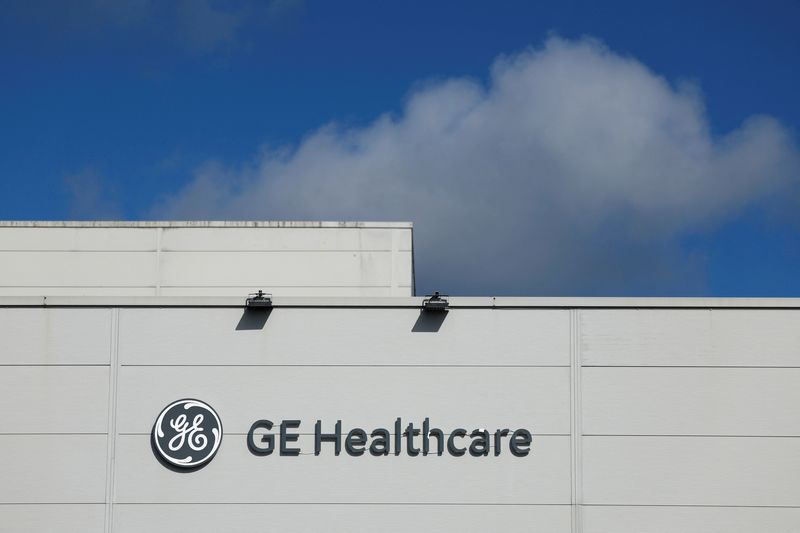 The logo of GE Healthcare is seen on their plant in the IDA (Industrial Development Agency) estate, in Carrigtwohill, County Cork, Ireland March 28, 2025.