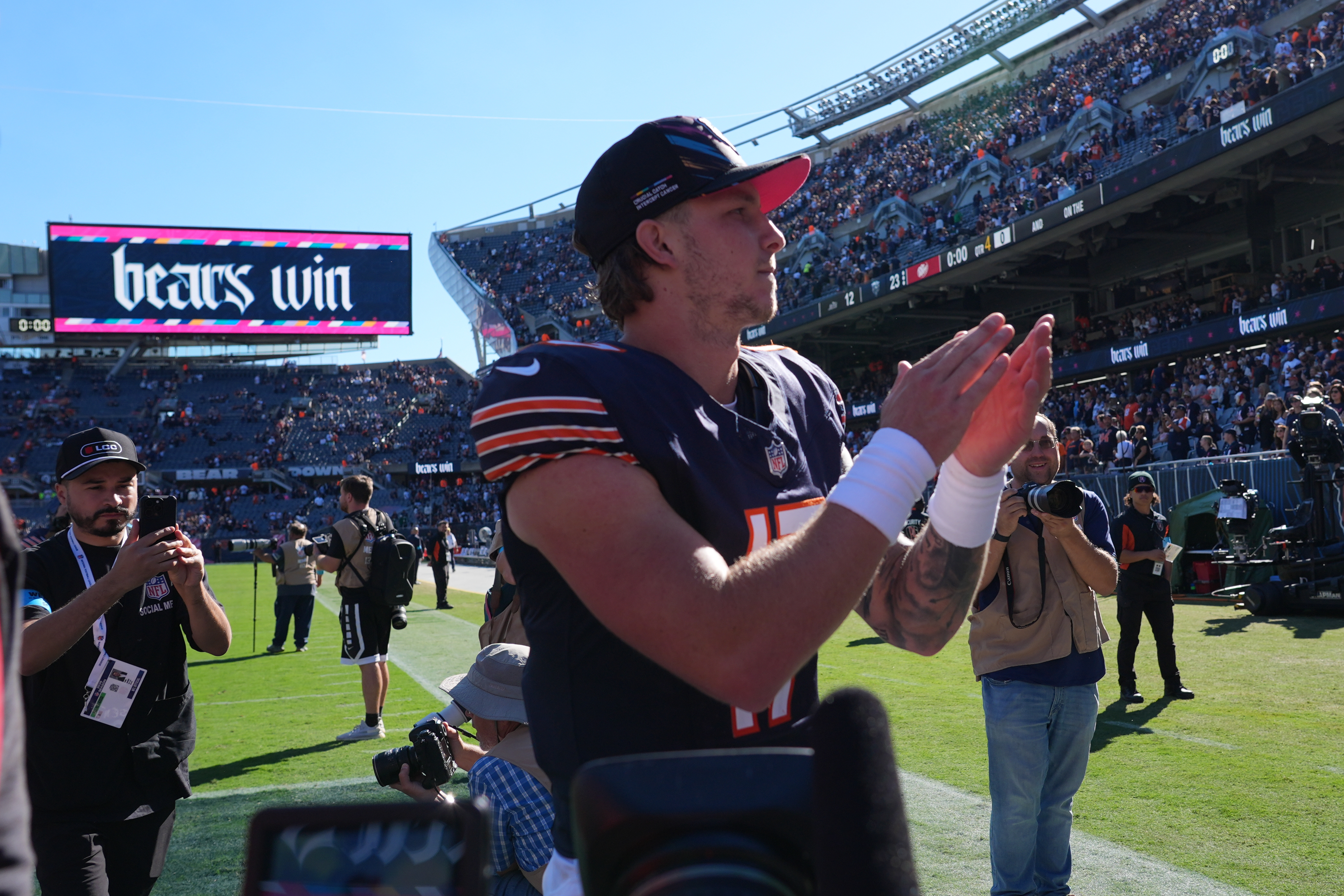 Chicago Bears quarterback Tyson Bagent celebrates a victory over the New York Jets as he walks off the field following an NFL football game Sunday, Oct. 4, 2026, in Chicago. 