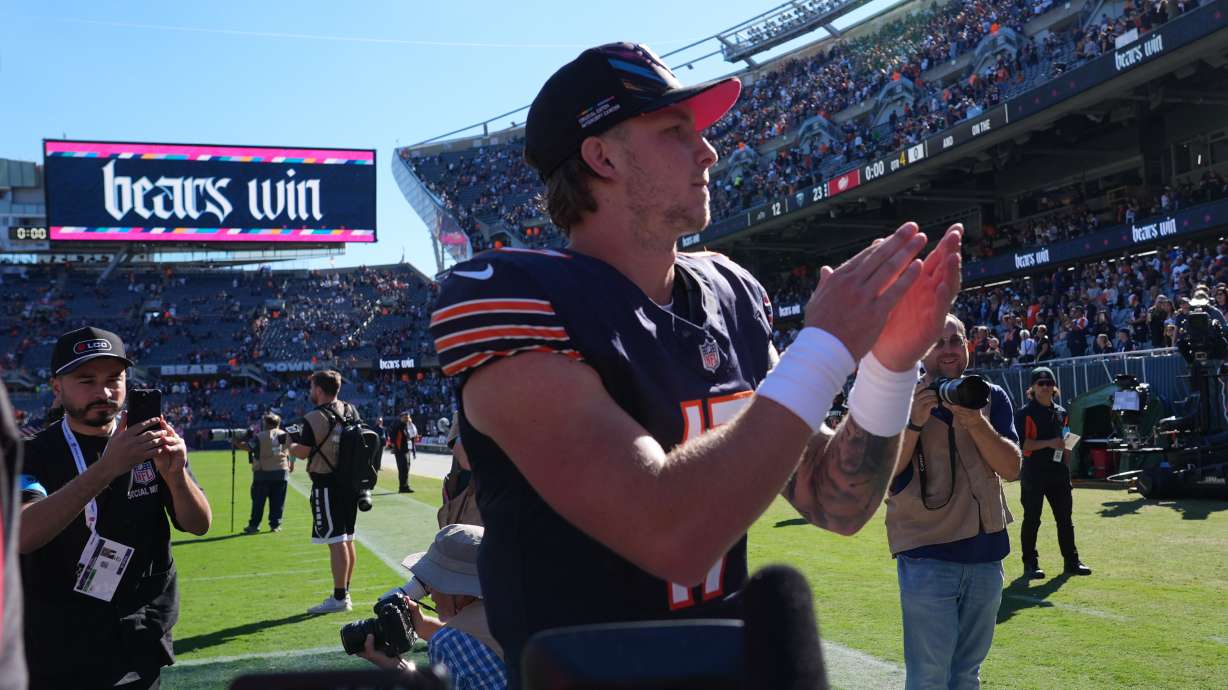 Chicago Bears quarterback Tyson Bagent celebrates a victory over the New York Jets as he walks off the field following an NFL football game Sunday, Oct. 4, 2026, in Chicago.