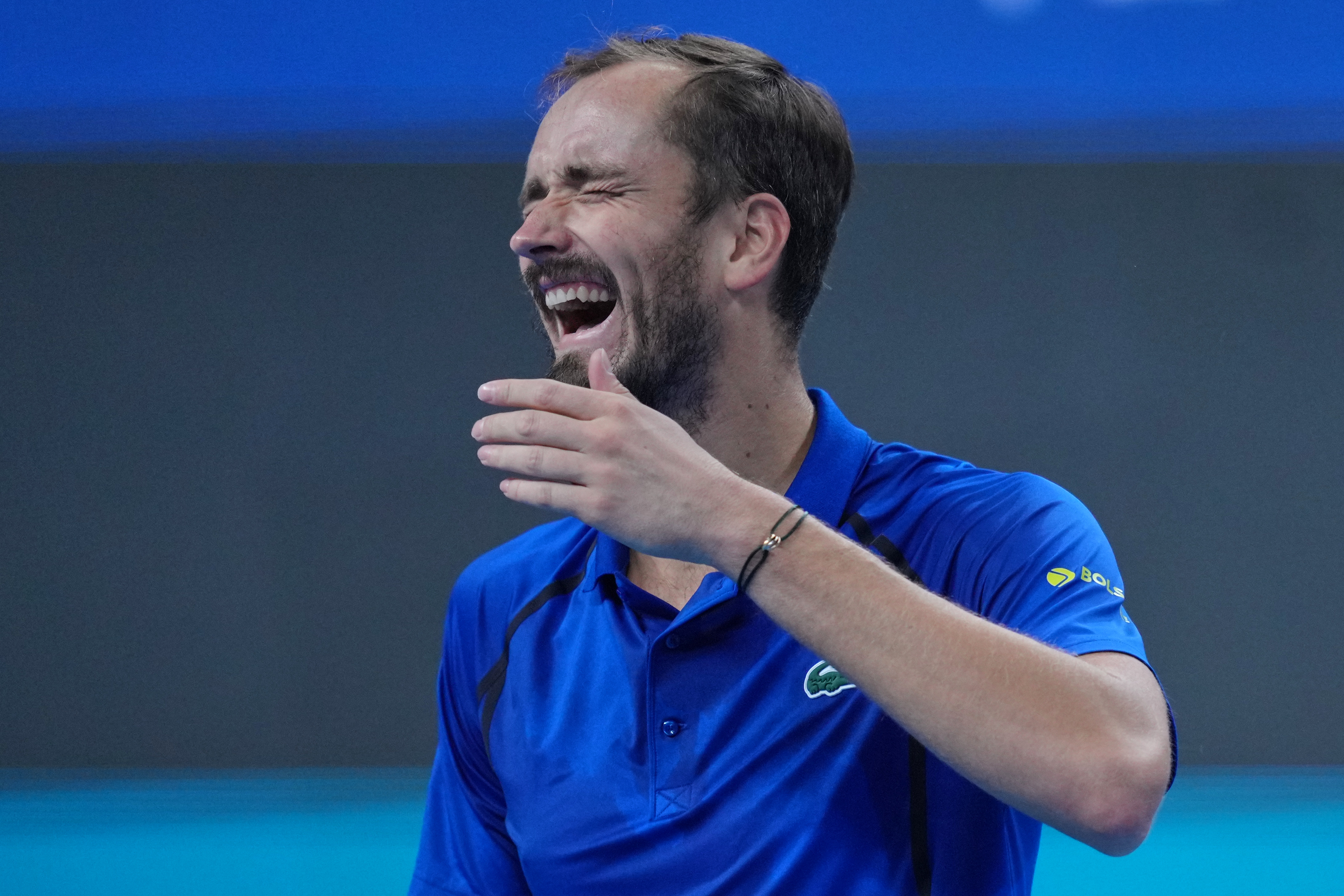 Daniil Medvedev, of Russia, reacts during the men's single semi-final match against Novak Djokovic, of Serbia, at the China Open tennis tournament in Beijing, Monday, Oct. 5, 2026. 