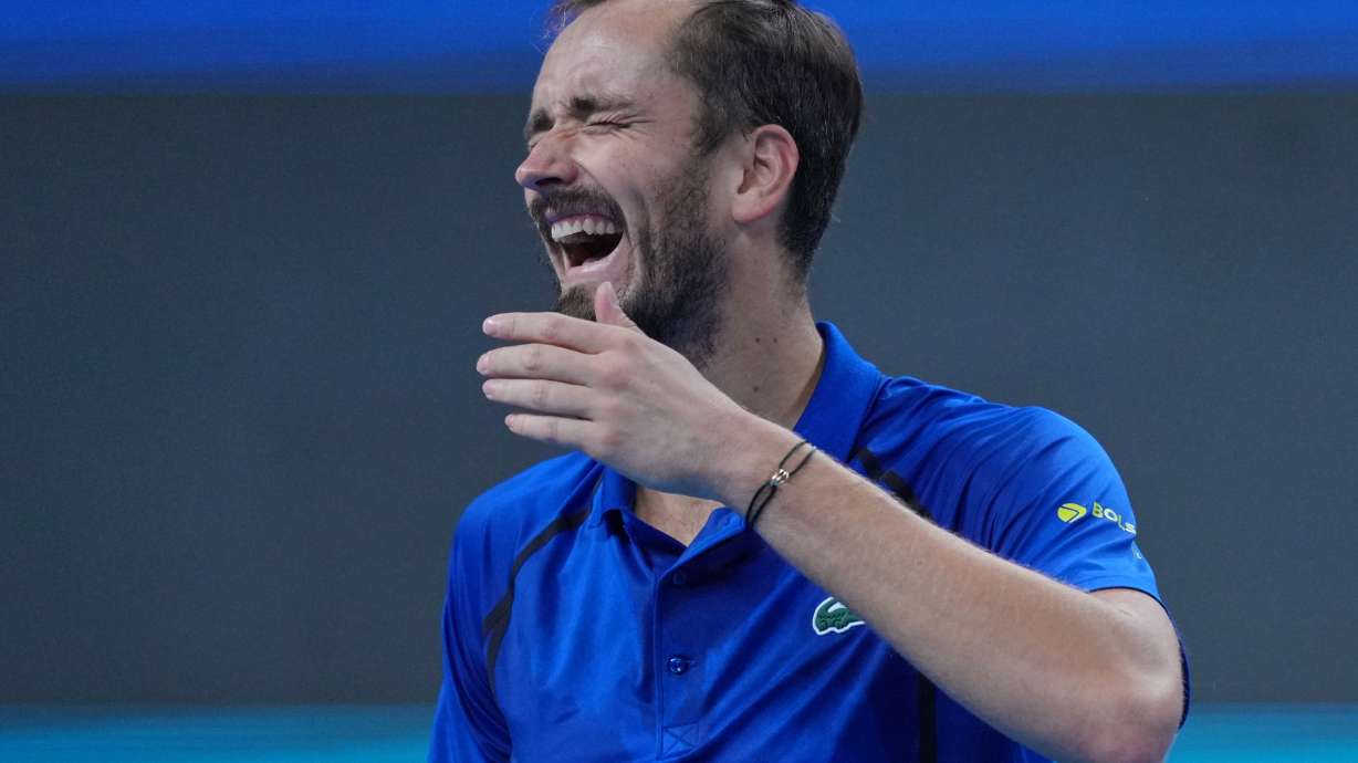 Daniil Medvedev, of Russia, reacts during the men's single semi-final match against Novak Djokovic, of Serbia, at the China Open tennis tournament in Beijing, Monday, Oct. 5, 2026.