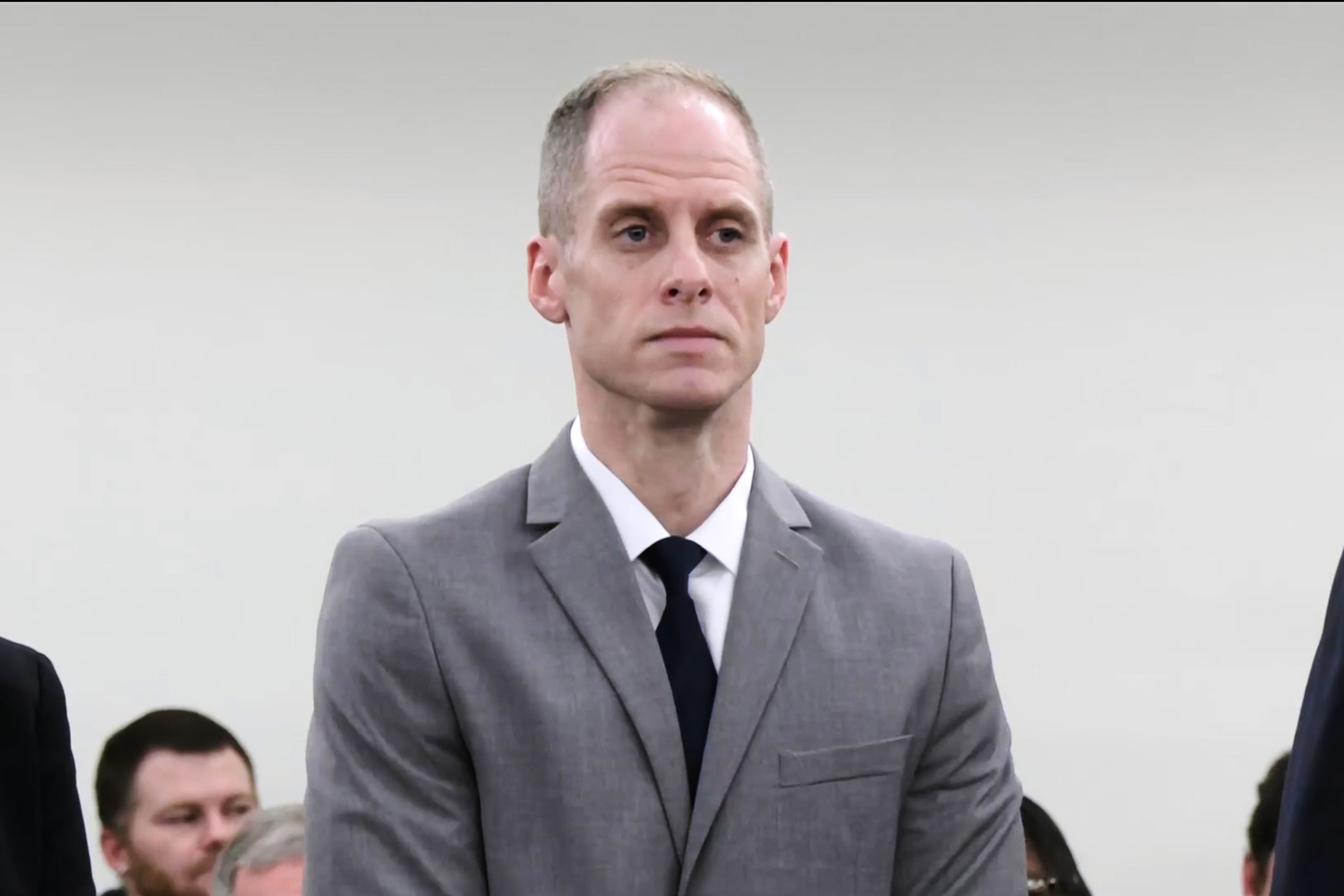 This image, taken from pool court video, shows 40-year-old Caleb Flynn listening to the judge reading out the jury's verdict at the Miami County Court of Common Pleas on Tuesday, Sept. 29, 2026, in Troy, Ohio.