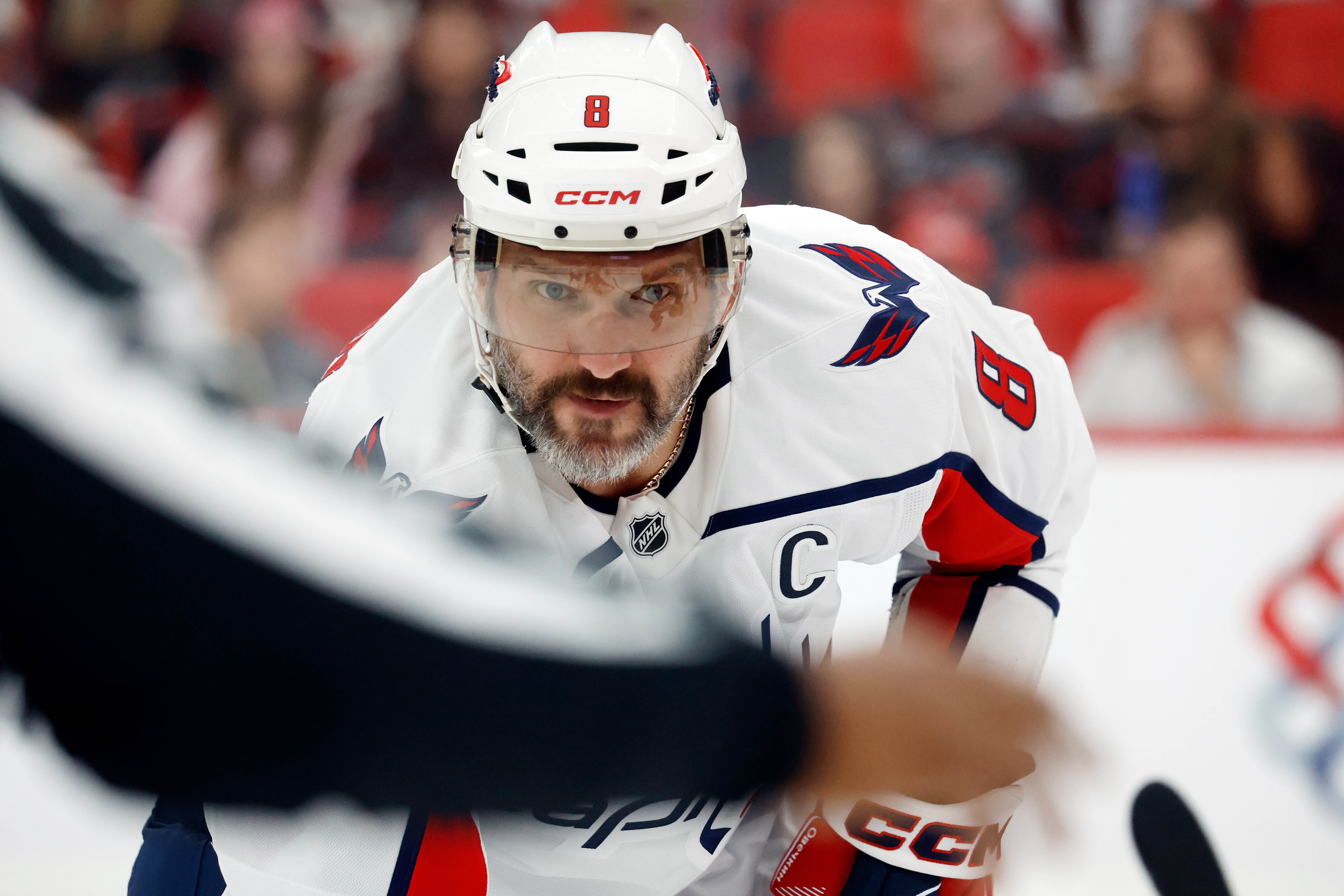 Washington Capitals' Alex Ovechkin watches the puck during the first period of an NHL hockey game against the Carolina Hurricanes in Raleigh, N.C., Friday, Oct. 2, 2026. 