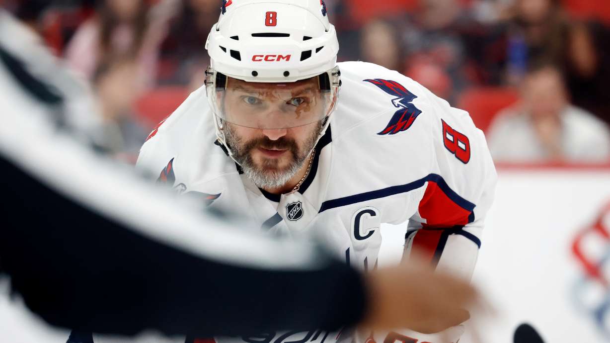 Washington Capitals' Alex Ovechkin watches the puck during the first period of an NHL hockey game against the Carolina Hurricanes in Raleigh, N.C., Friday, Oct. 2, 2026.