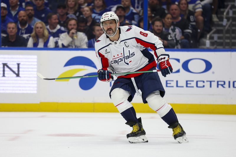 Oct 3, 2026; Tampa, Florida, USA; Washington Capitals left wing Alex Ovechkin (8) looks on against the Tampa Bay Lightning in the second period at Benchmark International Arena.