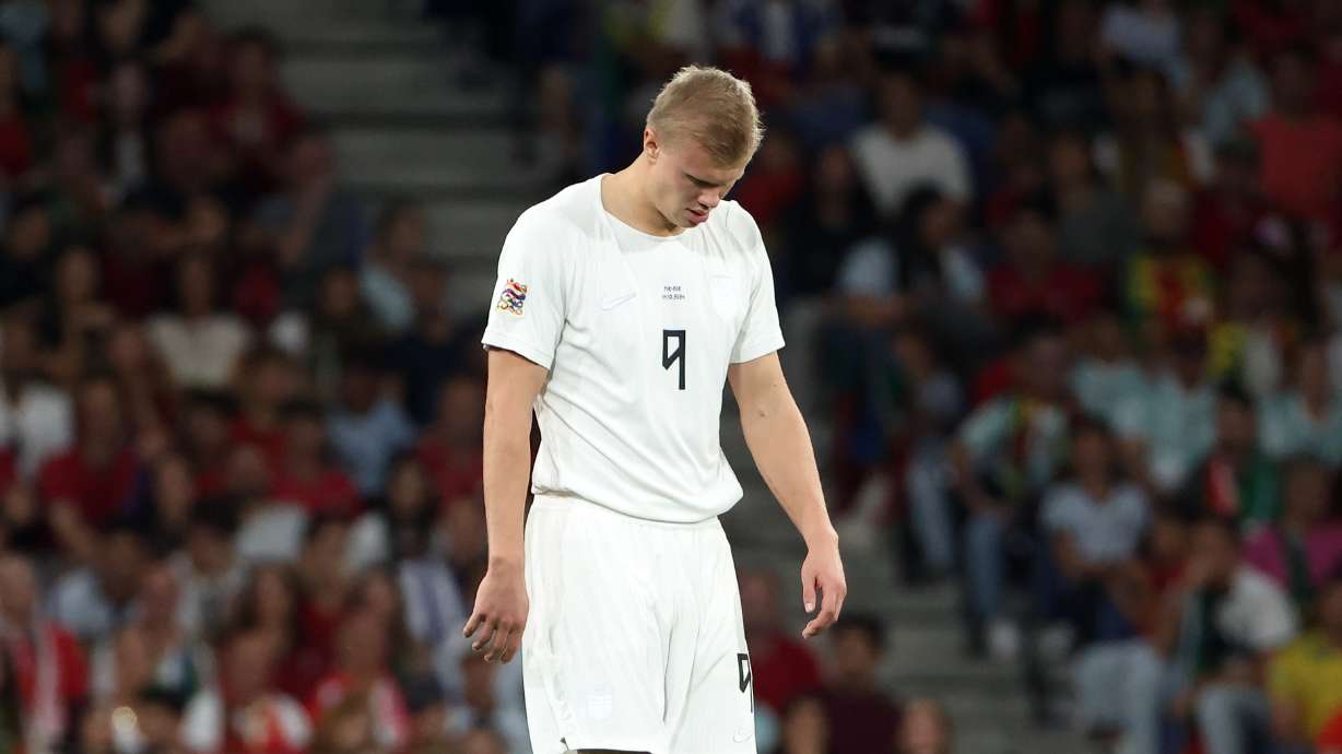 Norway's Erling Haaland reacts during the Nations League soccer match between Portugal and Norway in Porto, Portugal, Sunday, Oct. 4, 2026.