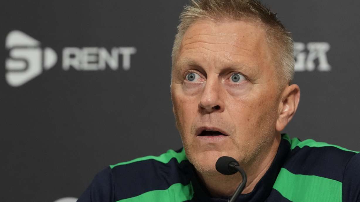 Ireland's head coach Heimir Hallgrimsson speaks during a press conference ahead of the Nations League soccer match between Republic of Ireland and Israel in Backa Topola, Serbia, Saturday, Oct. 3, 2026.