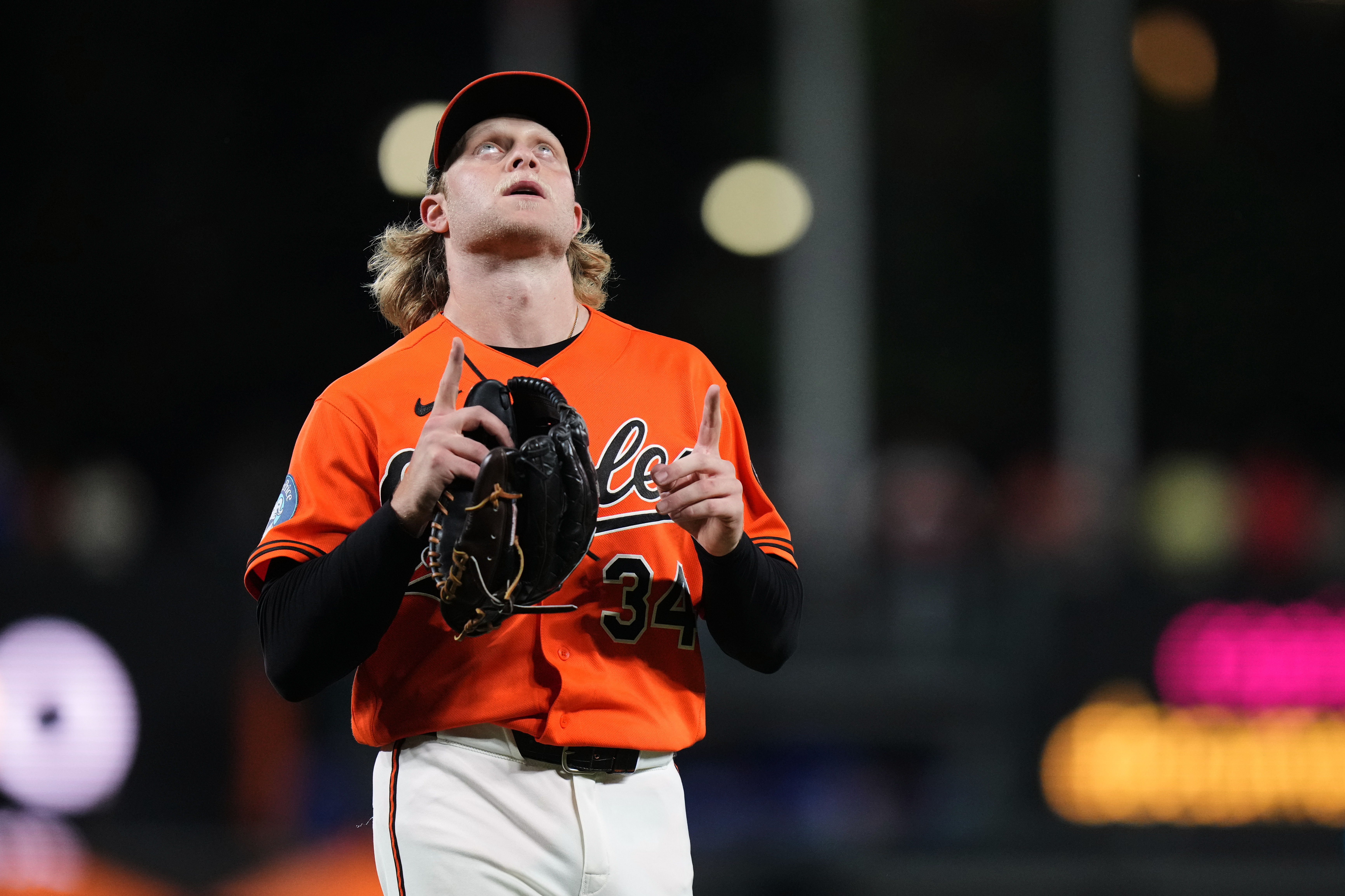 Baltimore Orioles starter Shane Baz leaves the mound after a pitching substitution was made during the seventh inning of a baseball game against the Toronto Blue Jays, Monday, Sept. 21, 2026, in Baltimore. 