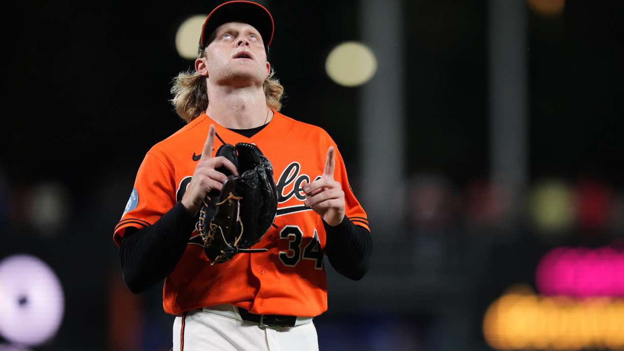 Baltimore Orioles starter Shane Baz leaves the mound after a pitching substitution was made during the seventh inning of a baseball game against the Toronto Blue Jays, Monday, Sept. 21, 2026, in Baltimore.