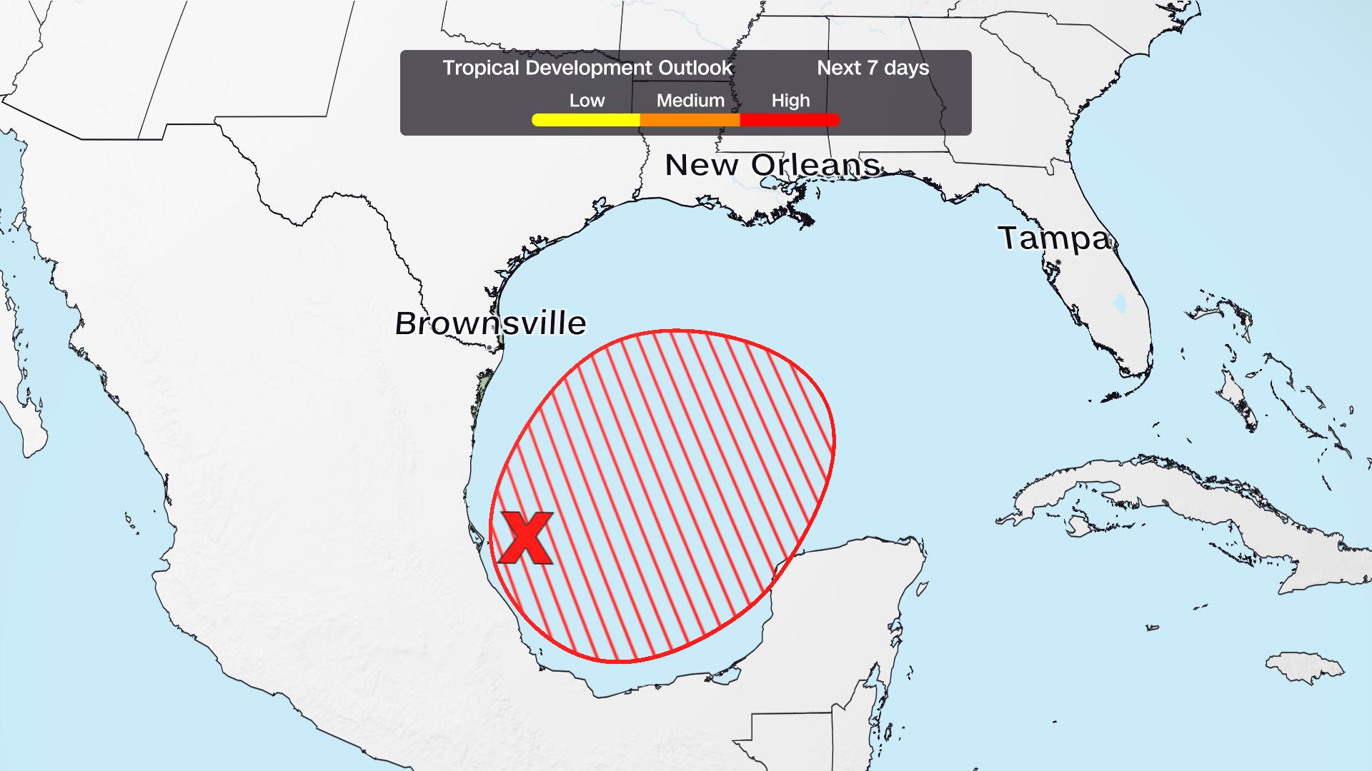 The red circle shows where a tropical depression or storm is likely to form later this week.