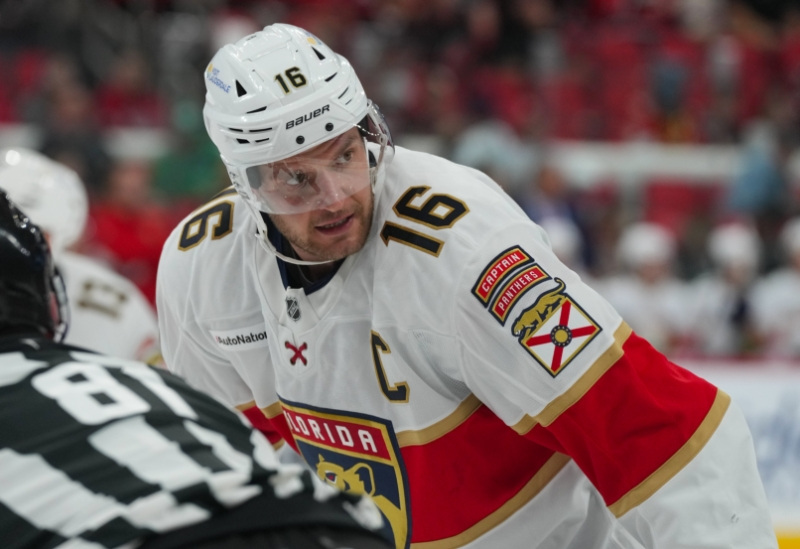 Sep 29, 2026; Raleigh, North Carolina, USA;  Florida Panthers center Aleksander Barkov (16) waits for a face off during the second period against the Carolina Hurricanes at Lenovo Center.