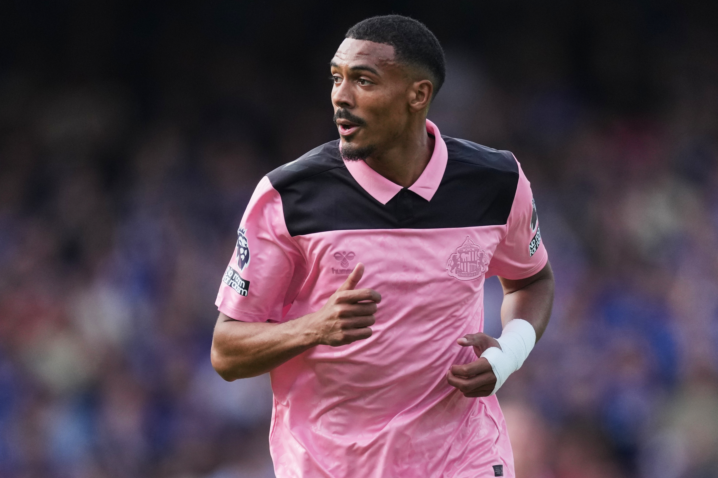 FILE - Sunderland's Wilson Isidor runs into position during the English Premier League soccer match between Ipswich Town and Sunderland, in Ipswich, England, Aug. 22, 2026. 