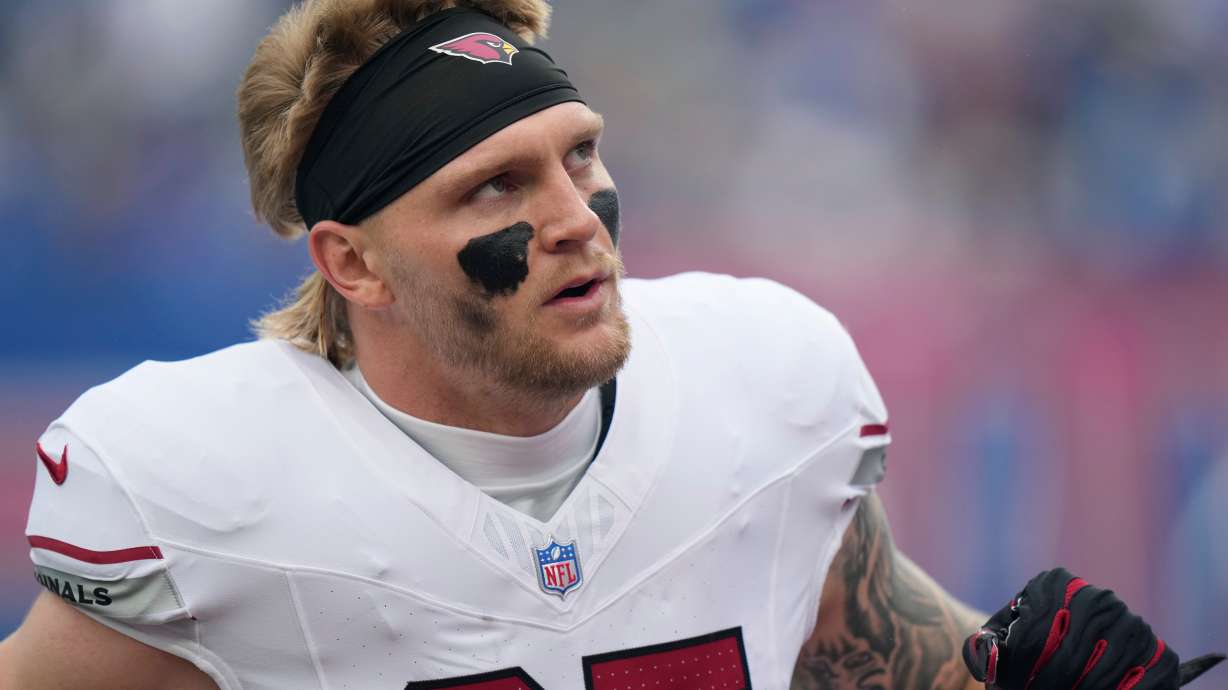 Arizona Cardinals tight end Trey McBride pauses on the field during an NFL football game against the New York Giants, in East Rutherford, N.J., Sunday, Oct. 4, 2026.