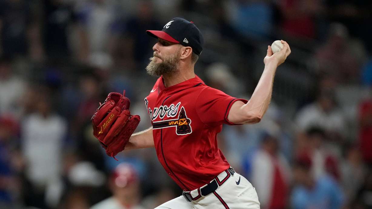 Atlanta Braves pitcher Chris Sale throws against the Philadelphia Phillies in the ninth inning during Game 3 of baseball's NL Wild Card Series, Thursday, Oct. 1, 2026, in Atlanta.