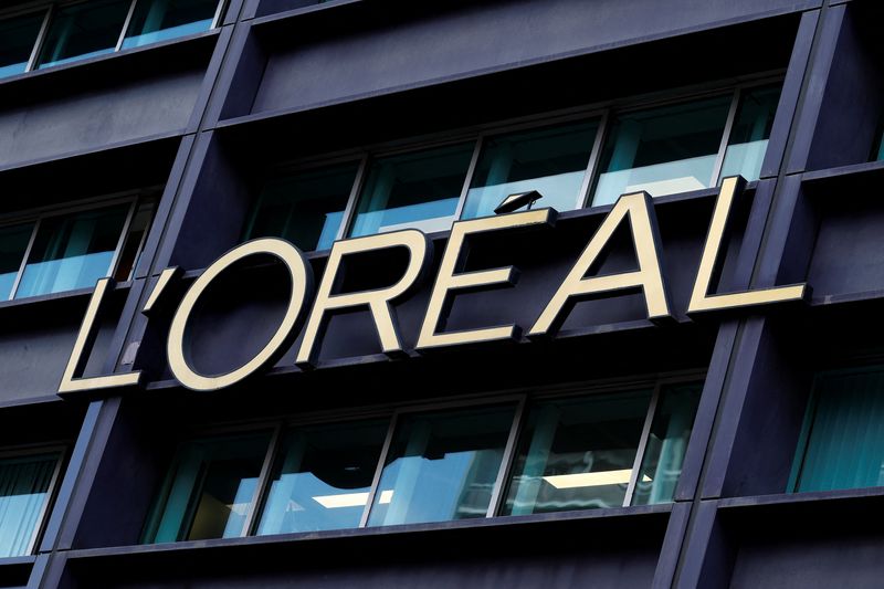 The logo of French cosmetics Groupe L'Oreal is seen on the L'Oreal group's headquarters building in Clichy, near Paris, France, April 14, 2025.