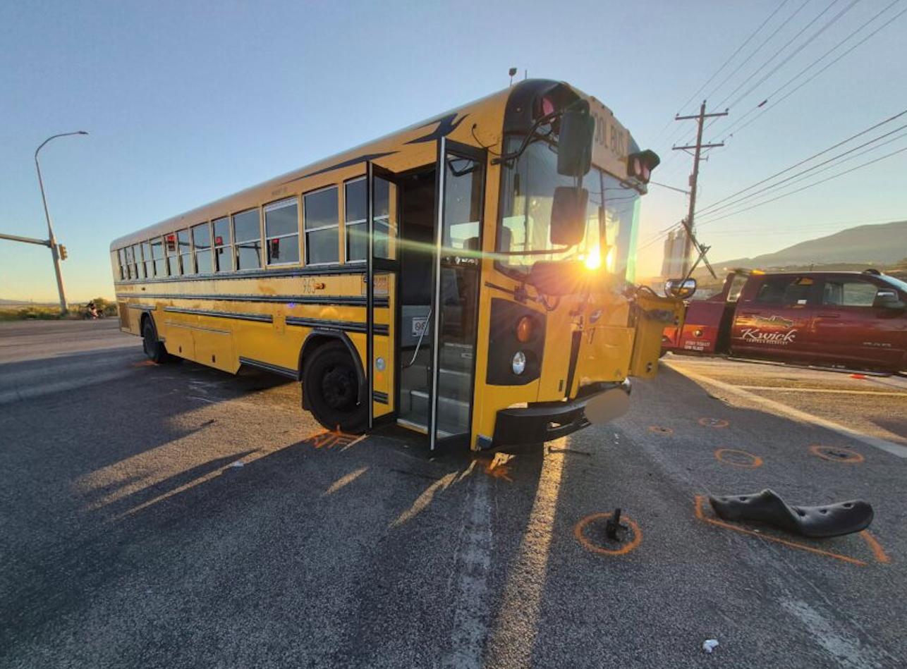 Photo shows the damage to a bus after it collided with a motorcycle Monday in Cedar City.