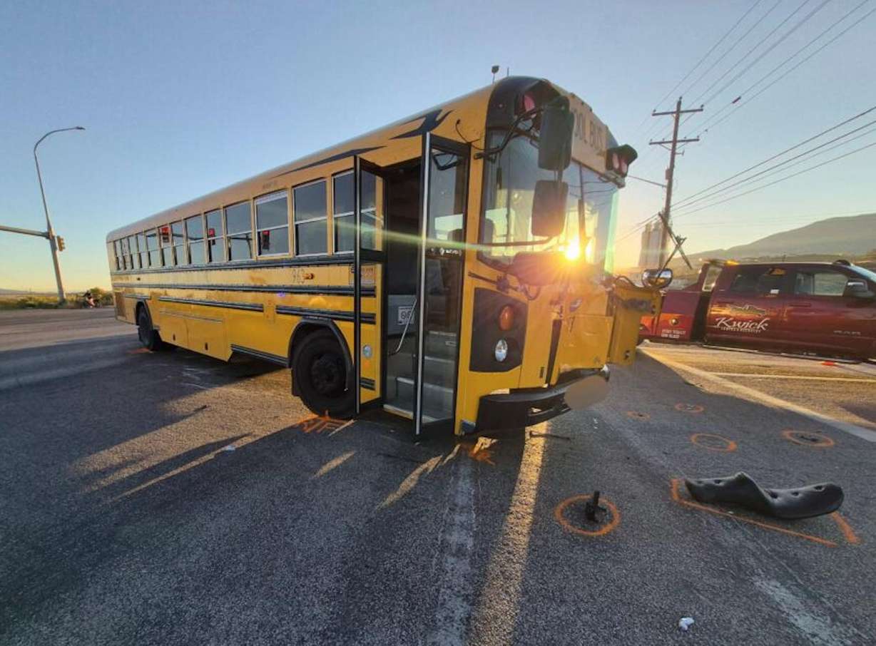 Photo shows the damage to a bus after it collided with a motorcycle Monday in Cedar City.