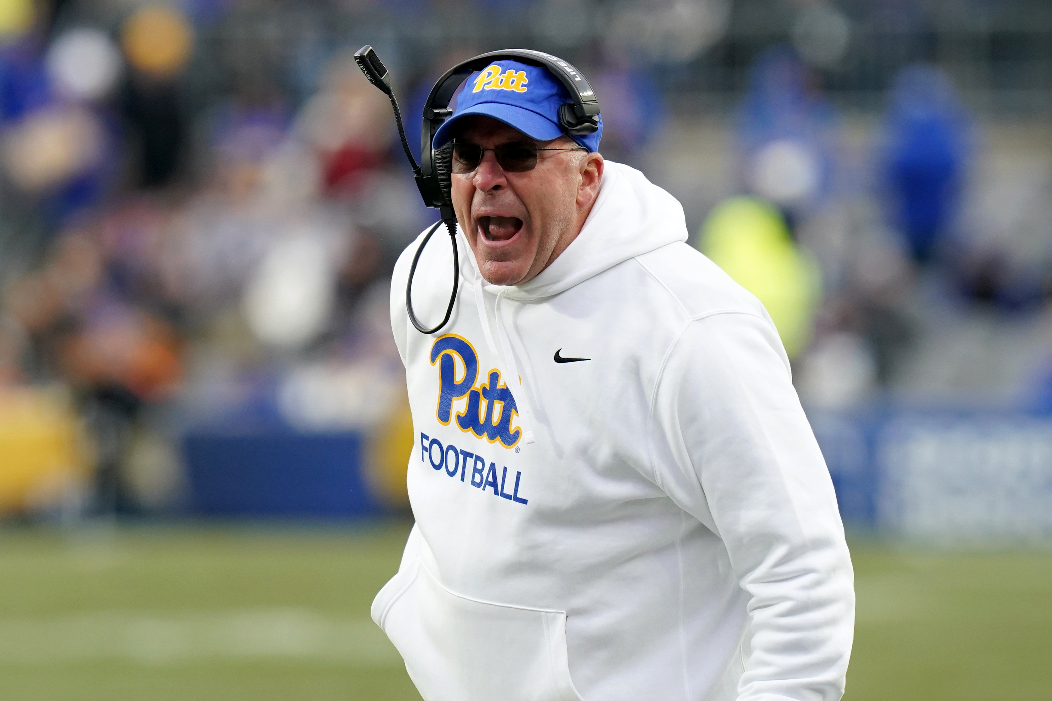 FILE - Pittsburgh head coach Pat Narduzzi argues a call during the second half of an NCAA college football game against Miami, Nov. 29, 2025, in Pittsburgh. 
