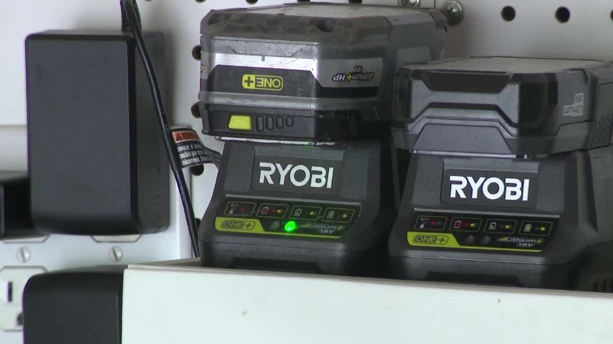 Ryobi brand batteries are pictured on Monday. Safe charging habits and proper battery disposal can help prevent fires involving everyday devices, firefighters say.