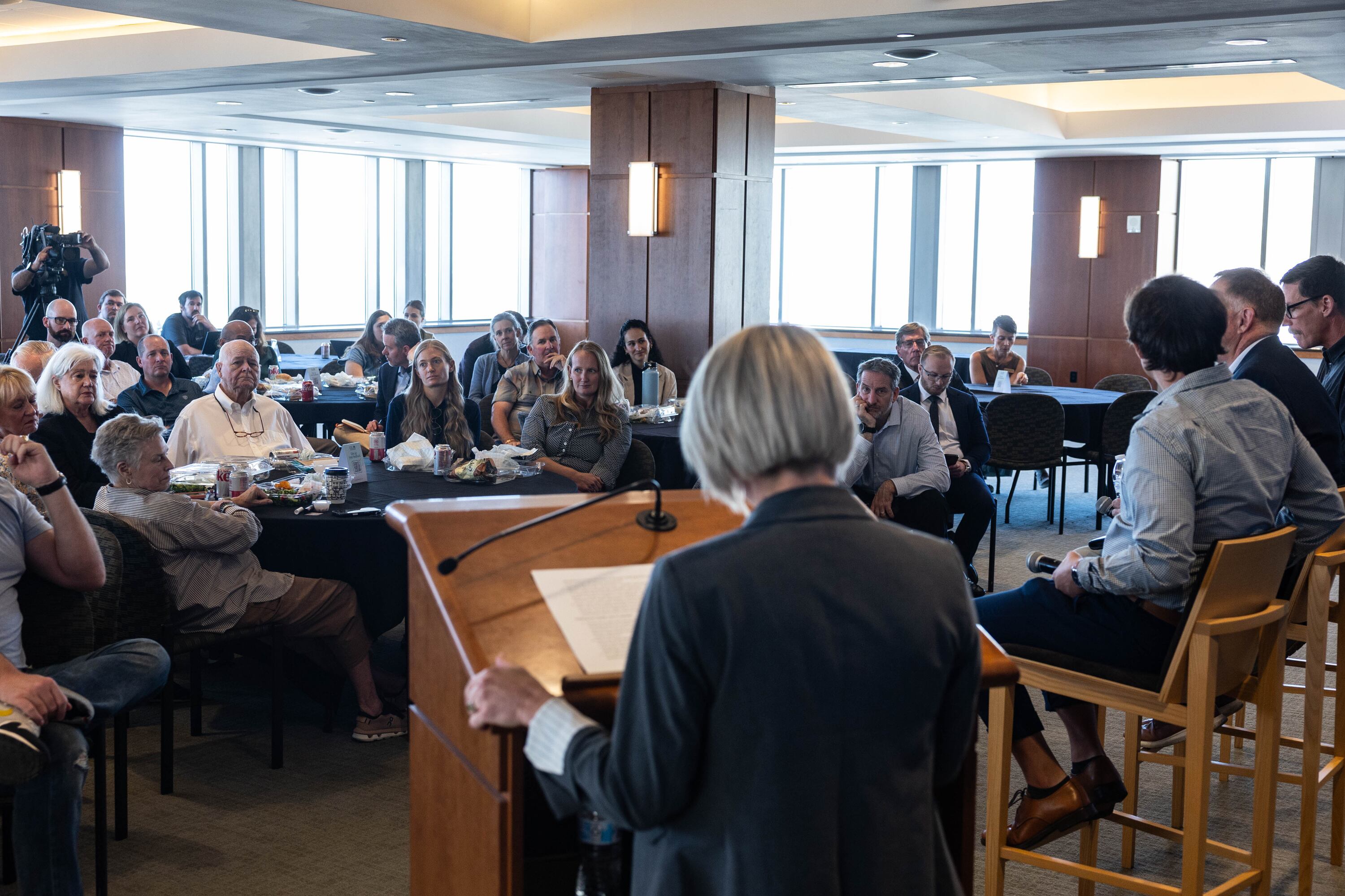 Dozens gather for a Solutions Series panel hosted by the Great Salt Lake Alliance at the Zions Bank Building in Salt Lake City on Monday.