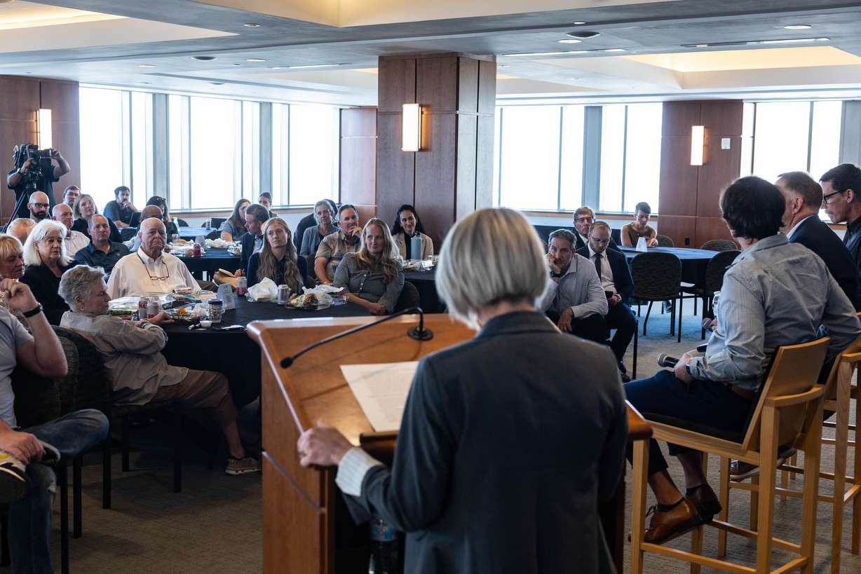 Dozens gather for a Solutions Series panel hosted by the Great Salt Lake Alliance at the Zions Bank Building in Salt Lake City on Monday.