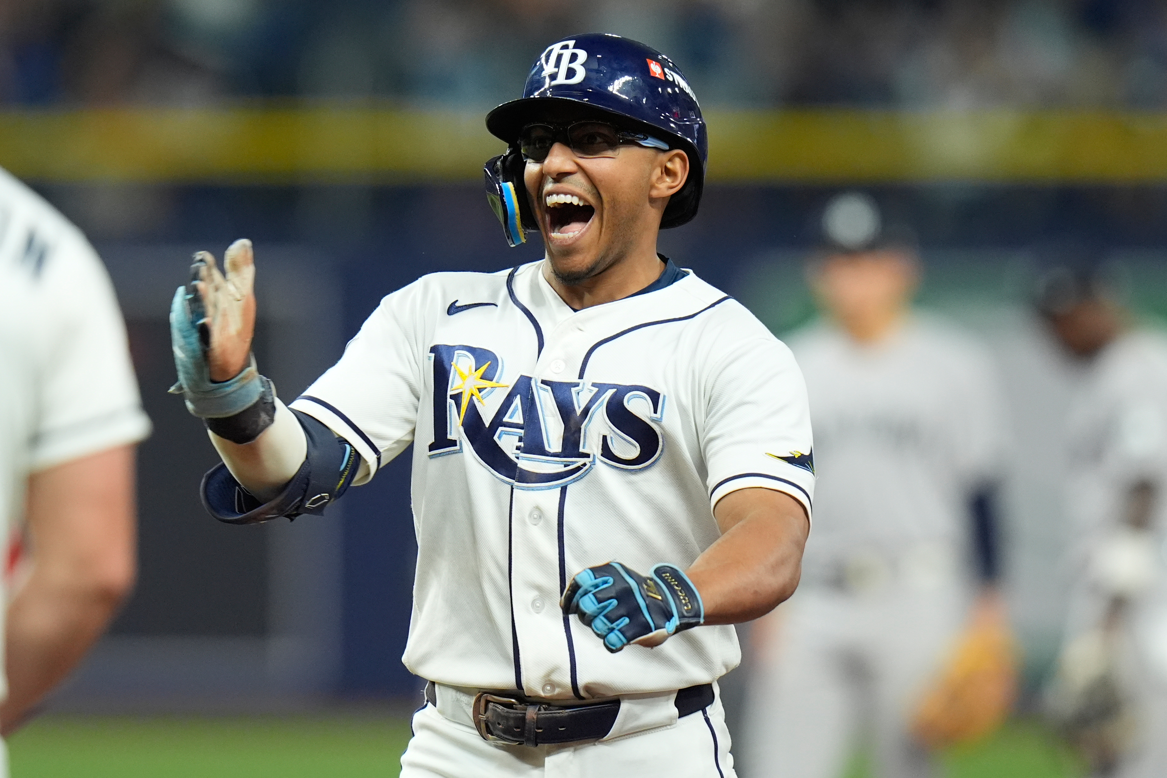 Tampa Bay Rays' Richie Palacios celebrates after hitting a two-run single during the fifth inning in Game 2 of an American League Division Series baseball game against the New York Yankees Monday, Oct. 5, 2026, in St. Petersburg, Fla. 