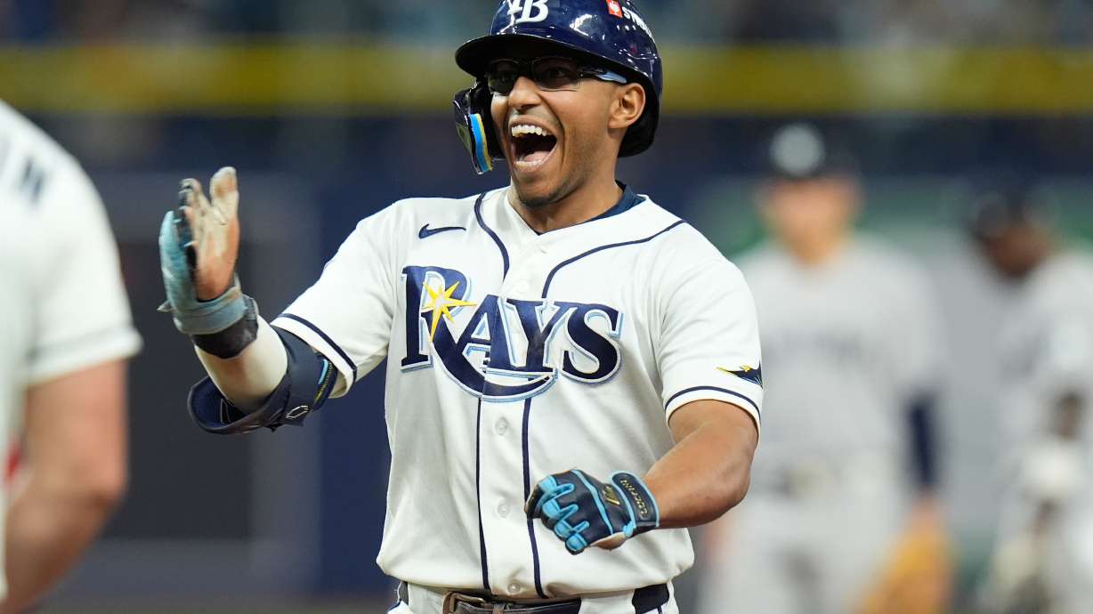 Tampa Bay Rays' Richie Palacios celebrates after hitting a two-run single during the fifth inning in Game 2 of an American League Division Series baseball game against the New York Yankees Monday, Oct. 5, 2026, in St. Petersburg, Fla.