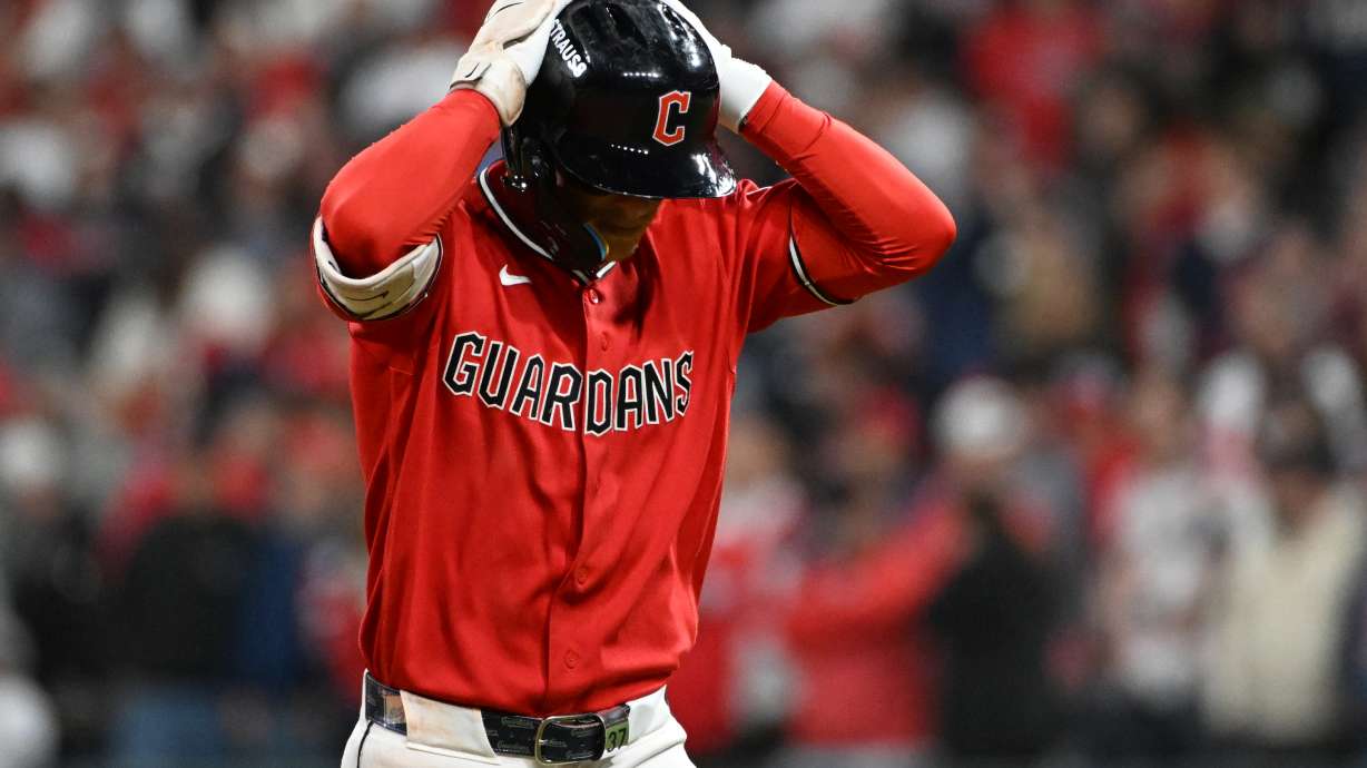 Cleveland Guardians' Travis Bazzana reacts after hitting a fly out during the ninth inning of Game 2 of baseball's American League Division Series against the Chicago White Sox, Monday, Oct. 5, 2026, in Cleveland.