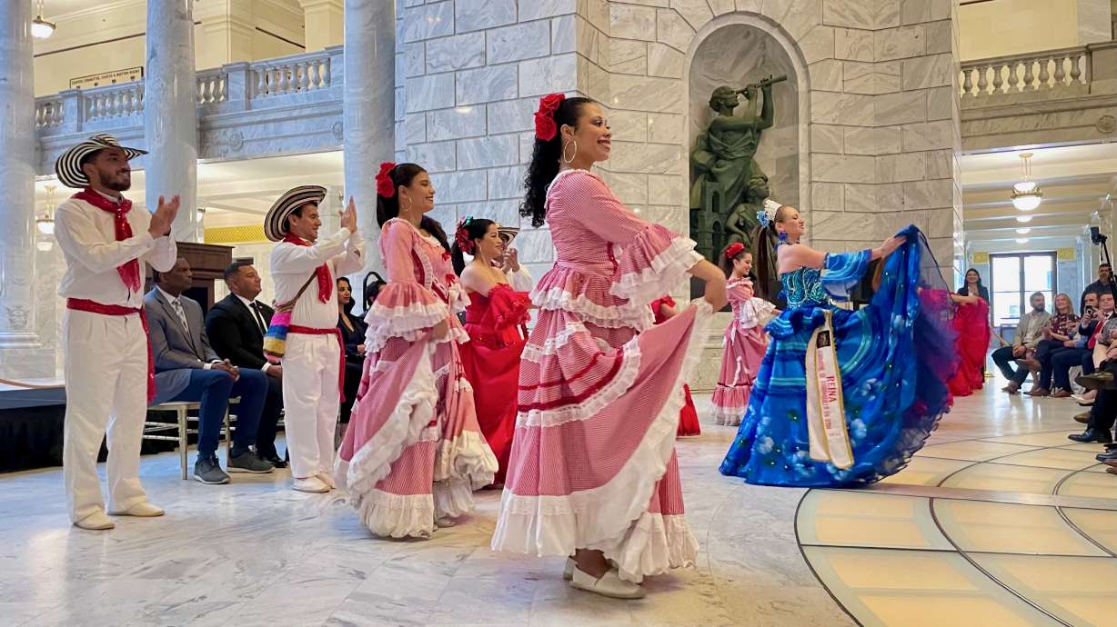 Speakers at a Hispanic Heritage Month event at the Utah Capitol in Salt Lake City on Monday lauded the "American way" and the opportunity they say have found in the United States. A folkloric dance group is pictured performing at the event.