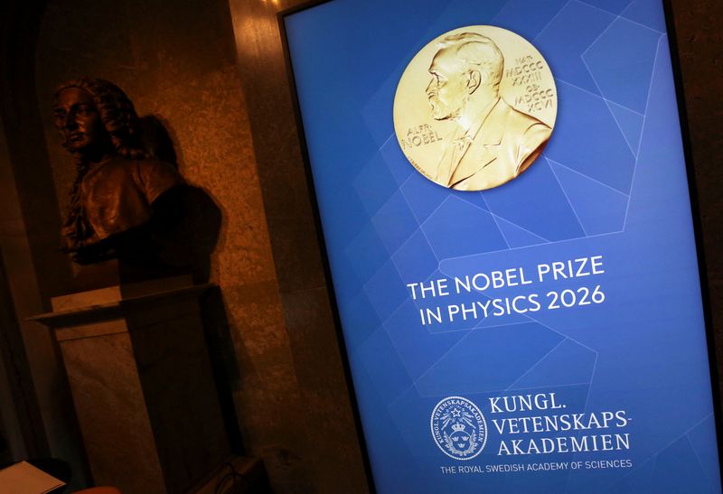A sign at the Royal Swedish Academy of Sciences ahead of the announcement of the Nobel Prize in Physics, in Stockholm, Sweden, October 6, 2026.