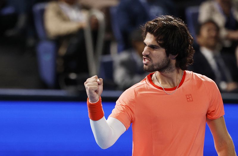 Tennis - ATP 500 - Japan Open - Ariake Coliseum, Tokyo, Japan - October 6, 2026 Spain's Carlos Alcaraz reacts during the final against Czech Republic's Jiri Lehecka