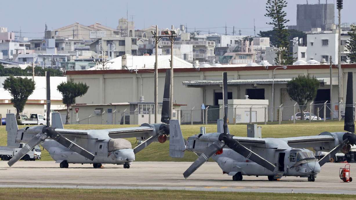Photo taken in 2023, shows U.S. military MV-22 Osprey tilt-rotor aircraft parked at U.S. Marine Corps Air Station Futenma in Ginowan in the southern Japan island prefecture of Okinawa.