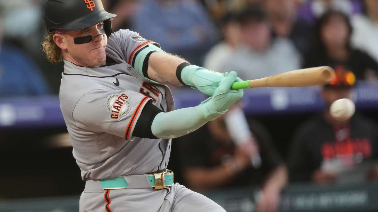 FILE - San Francisco Giants' Harrison Bader (9) bats in the fourth inning of a baseball game, May 29, 2026, in Denver.