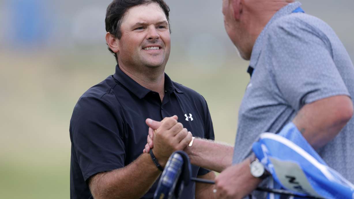 Patrick Reed of the United States reacts during the Irish Open at Trump International Golf Links in Doonbeg, Ireland, Sunday, Sept. 13, 2026.