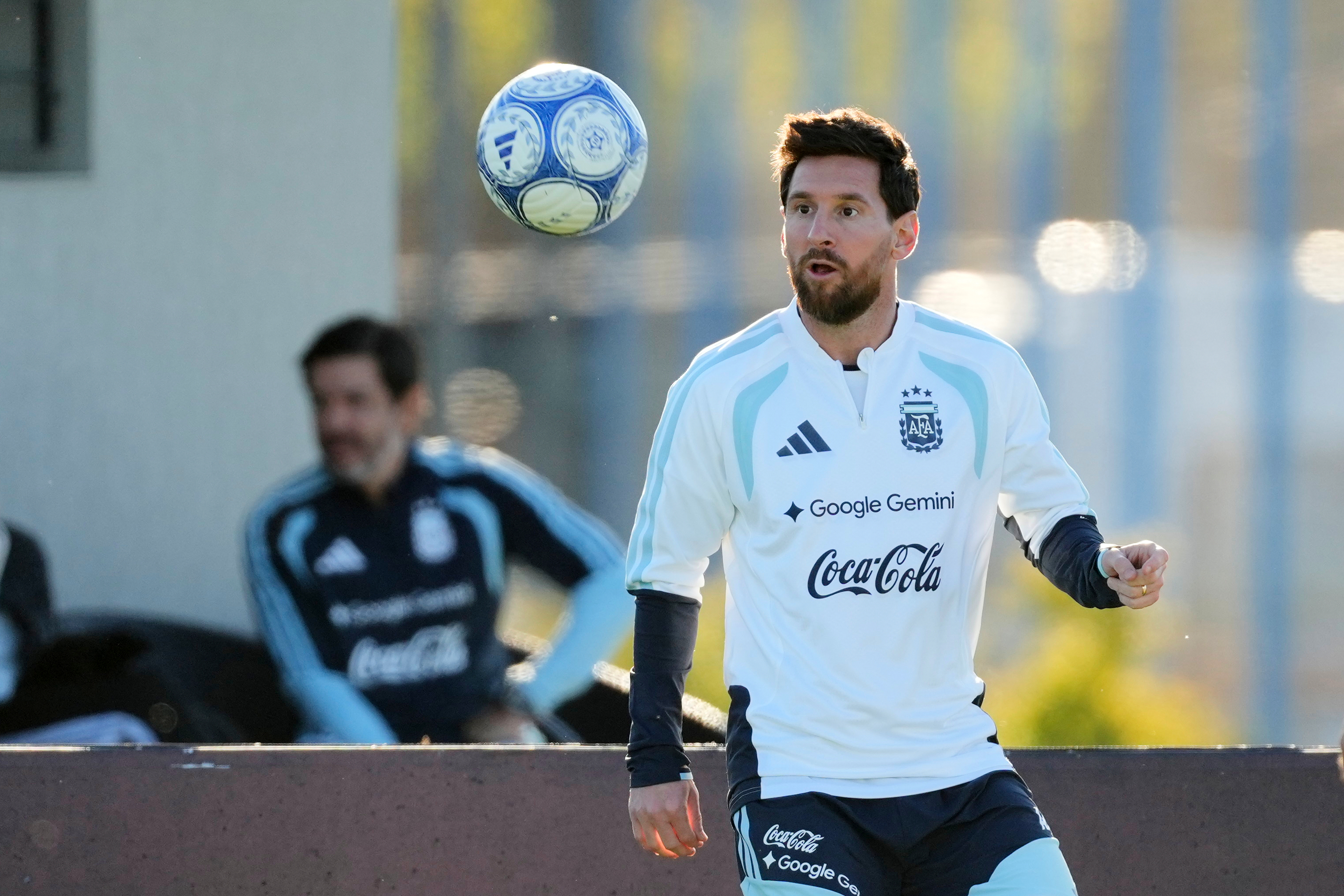 Argentina's Lionel Messi trains for his final game with the national team, an international friendly soccer match against Benin, in Buenos Aires, Argentina, Monday, Oct. 5, 2026. 