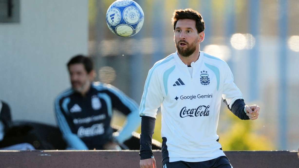 Argentina's Lionel Messi trains for his final game with the national team, an international friendly soccer match against Benin, in Buenos Aires, Argentina, Monday, Oct. 5, 2026.