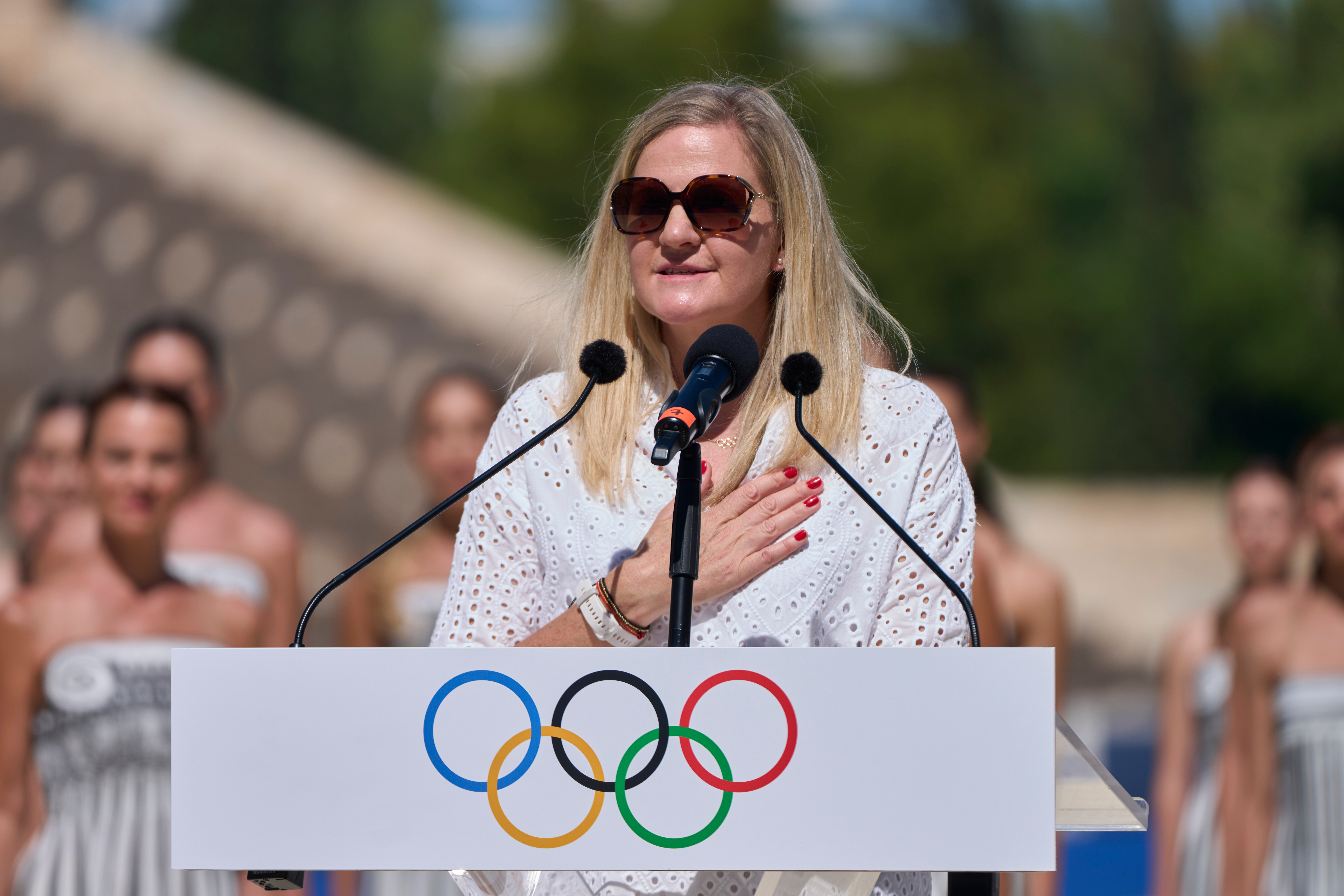 International Olympic Committee President Kirsty Coventry speaks during the Dakar 2026 Youth Olympic Games flame handover ceremony at Panathenaic stadium, in Athens, Greece, on Thursday, Sept. 10, 2026. 